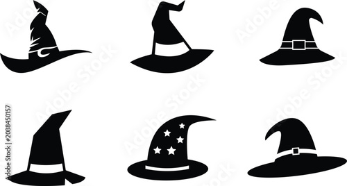 Collection of six unique black witch hats with various designs