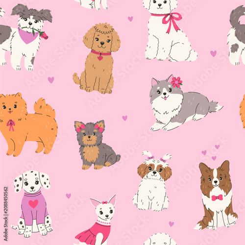 Seamless pattern with funny cute dogs. Vector graphics.