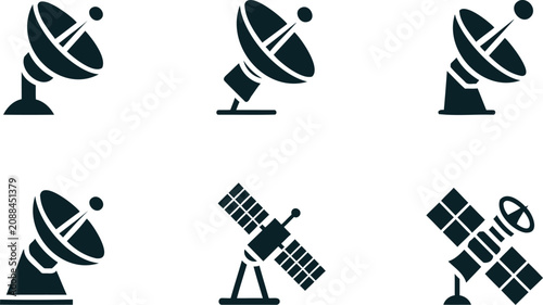 Foto Satellite dishes and spacecraft icons in various orientations on white backgroun