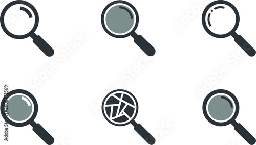 Фотография Six different magnifying glass icons with various lenses on white background