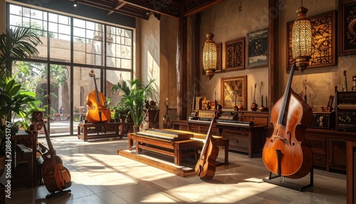 Sunlit music workshop with double basses and wooden instruments.