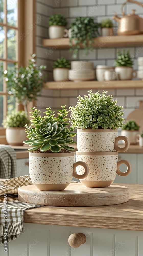 Fototapeta premium Cozy Kitchen Countertop with Potted Succulents and Greenery on Shelves, Natural Light