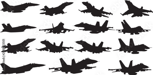 Принти на полотні Multiple jet fighter silhouettes in flight against a white background representi