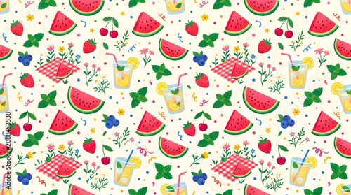 Vibrant Summer Picnic Seamless Pattern with Watermelon Slices, Strawberries, Cherries, Blueberries, Refreshing Drinks, Mint Leaves, Tiny Flowers and Confetti Flat Illustration