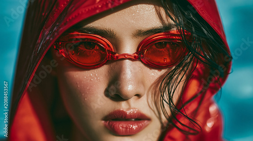Close up a woman wearing red goggles and red hood , swimming pool is background.