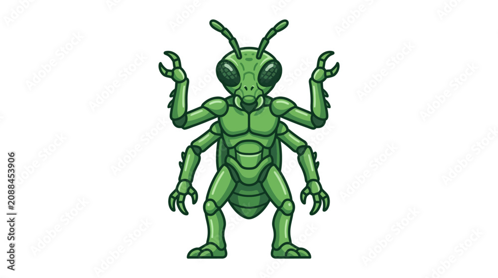 Fototapeta premium A menacing green alien creature stands aggressively with raised hands.