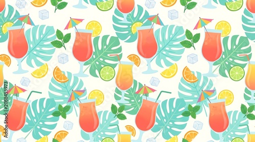 Vibrant Tropical Summer Cocktail Seamless Pattern with Colorful Drinks, Citrus Slices, Mint Leaves, Ice Cubes, Paper Umbrellas, Monstera Foliage and Premium Modern Background