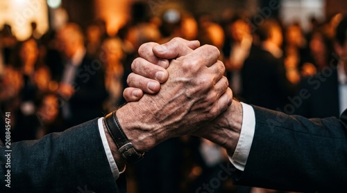 Powerful business handshake close up representing confidence leadership partnership and corporate success