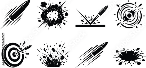 Vector silhouette icons of flying bullets hitting target boards ricochet effects and bomb explosions isolated on white background