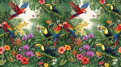 Vibrant Tropical Rainforest Seamless Pattern with Scarlet Macaws, Toucans, Exotic Flowers, Palm Leaves, Jungle Foliage, Botanical Wildlife Illustration Background Design
