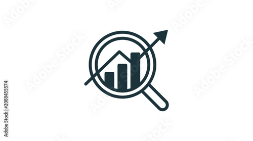 Cuadro en lienzo Magnifying glass examining growth chart bar graph with rising arrow business success icon