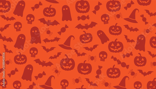 Halloween seamless pattern with skulls, candy and bat silhouettes