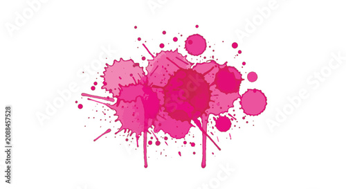 Vibrant hot pink watercolor splashes and paint splatters with drips isolated on white background. Abstract magenta ink stains, blots, and drops for artistic graphic design.