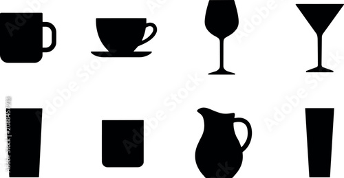Black silhouettes of drinking glasses cups and mugs collection isolated on white background