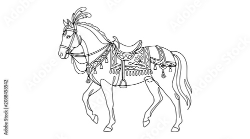 Tableau sur toile Elegant Horse Outline Drawing with Decorative Saddle and Plumes