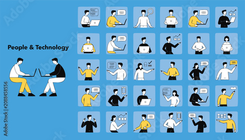 Diverse people using technology in a flat vector illustration set