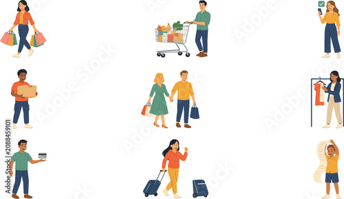 People Shopping and Consumer Lifestyle Vector Character Set with Grocery Cart Shopping Bags Box Delivery Credit Card Clothing Rack and Travel Suitcase Poses