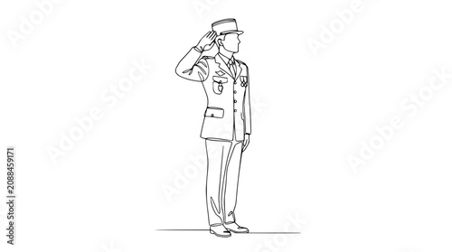 Foto Single Line Drawing of Soldier Saluting in Uniform, Military Honor, Respect