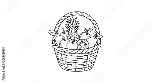 Hand drawn illustration of a wicker basket filled with various fresh tropical fruits.