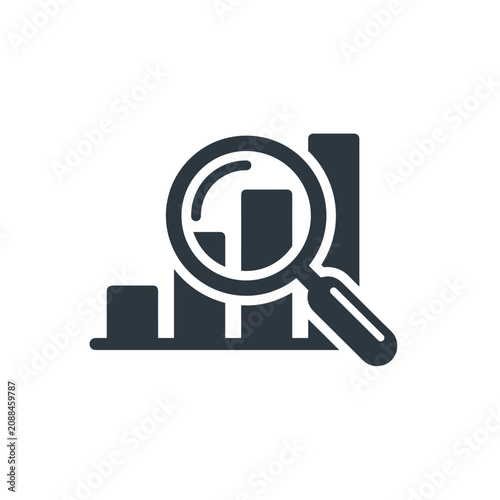 Bar graph with magnifying glass icon symbolizing data analysis and business finance statistics.
