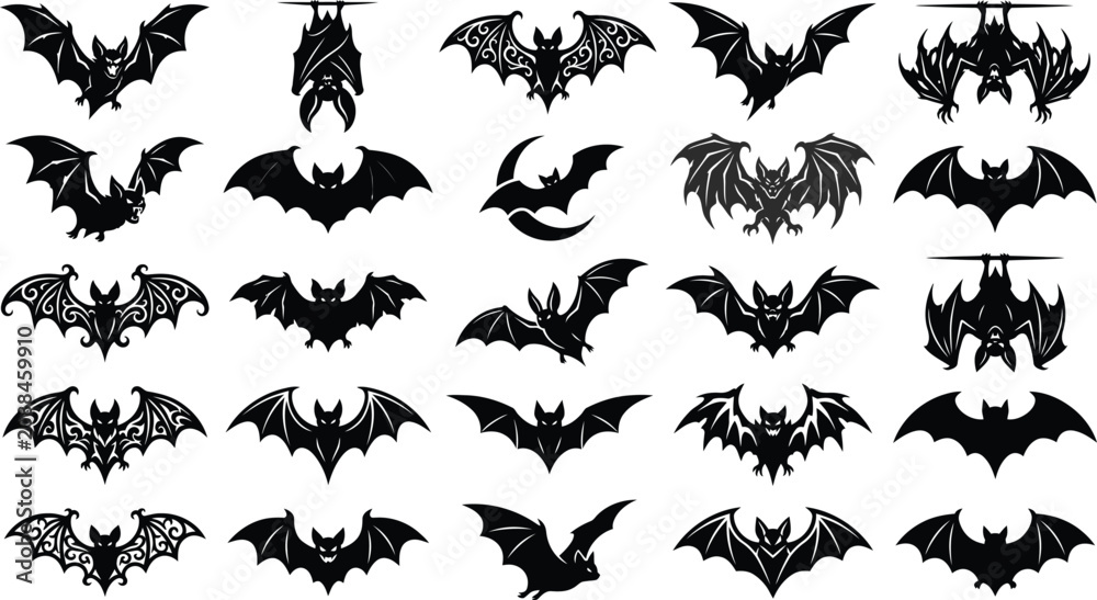 Fototapeta premium Bat Silhouette Icon Set, Halloween Flying Animal Vector Symbols Collection