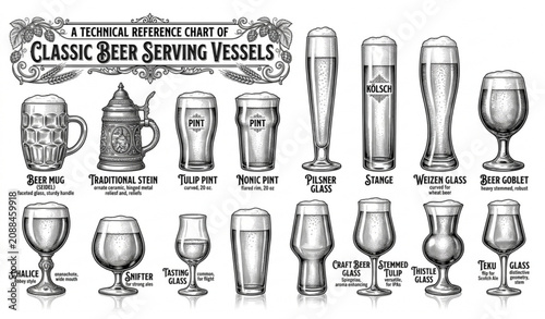 Tableau sur toile Vintage hand drawn sketch beer serving vessels technical reference chart beer gl