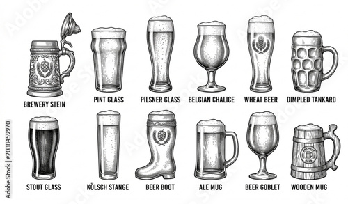 Konstfotografi Vintage hand drawn sketch beer glassware collection stein mug pint boot pilsner