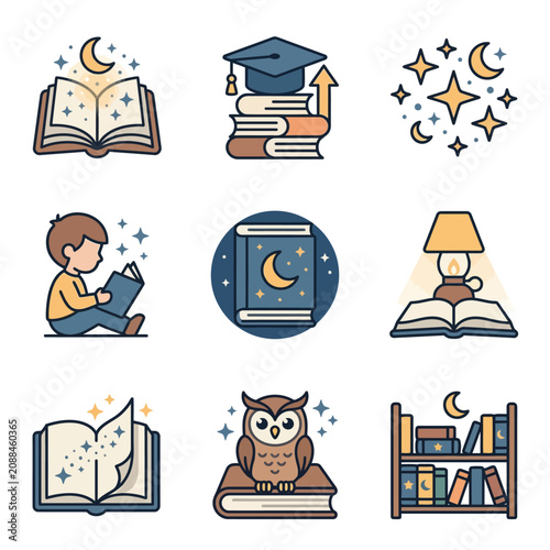 Child with Book under Starry Night, Cozy Home, Illustration, Minimalist Design