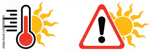 Caution, summer concept. Warning high temperature signboard, thermometer icons, extreme heat alerts, hot weather warnings, seasonal climate safety,