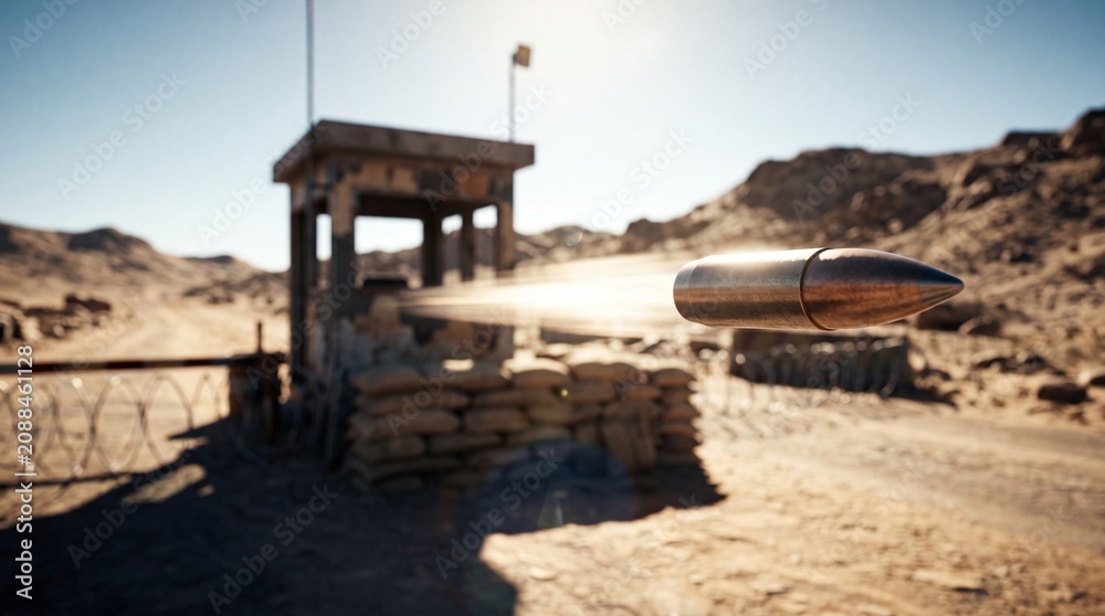 Fototapeta premium A single bullet in motion with a light trail flying across a desert landscape featuring a military guard tower, sandbags, and barbed wire fencing.