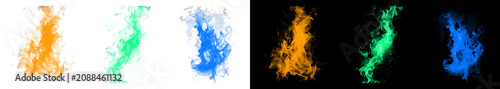 Fotografie Collection of three hot fire effects, abstract shapes on transparent background, colorful flames isolated alpha channel