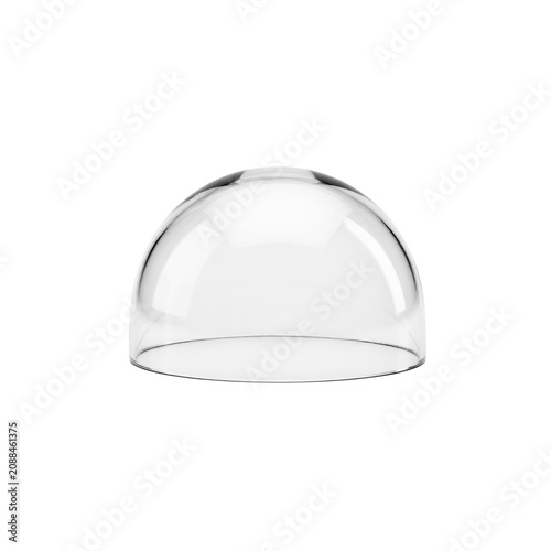 A clear glass dome cover for food display with a smooth rounded and a wide circular base isolated on a clean white background surface
