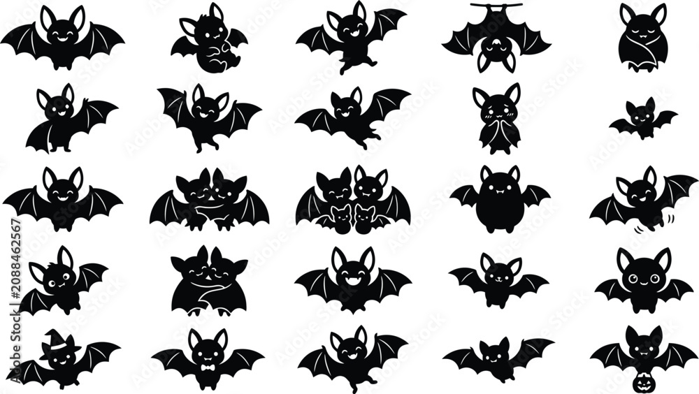 Fototapeta premium Cute Bat Silhouette Icon Set, Halloween Happy Animal Vector Symbols Collection