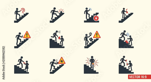 Collection of workplace safety stick figure icons illustrating hazard scenarios on stairs including fire, falling objects, electrical shock, trip hazards, and warning signs in vector style.