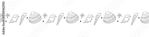 Edging, ribbon, border from Black outline seashell icons in doodle style. Decorative element, divider, edge decoration on theme of Beach holiday, kids design