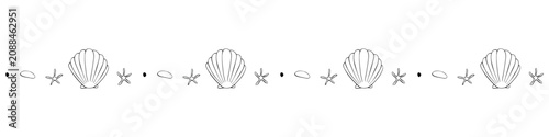 Edging, ribbon, border from Black outline seashell icons in doodle style. Decorative element, divider, edge decoration on theme of Beach holiday, kids design