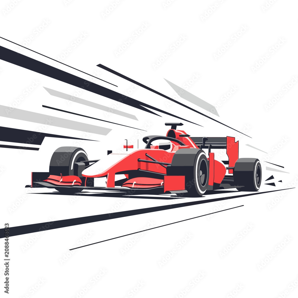 Obraz premium Fast Red Formula Race Car Speeding Motion Lines White Background