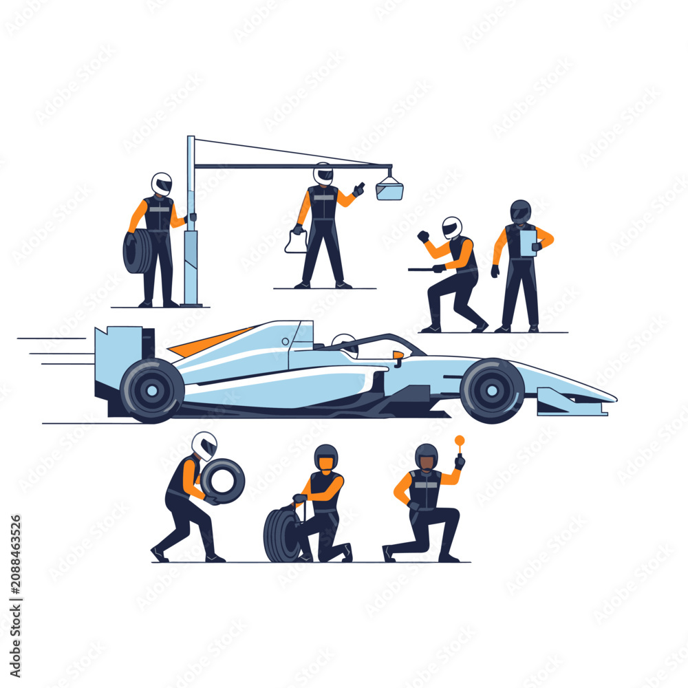 Obraz premium Formula 1 Pit Stop Crew Changing Tire of Racing Car Vector Illustration