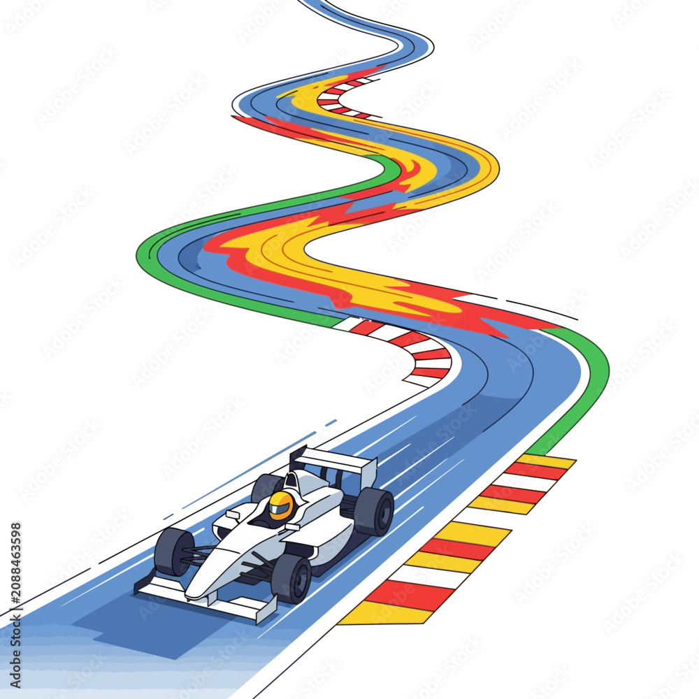 Obraz premium Formula 1 Race Car on Colorful Winding Track with Flames