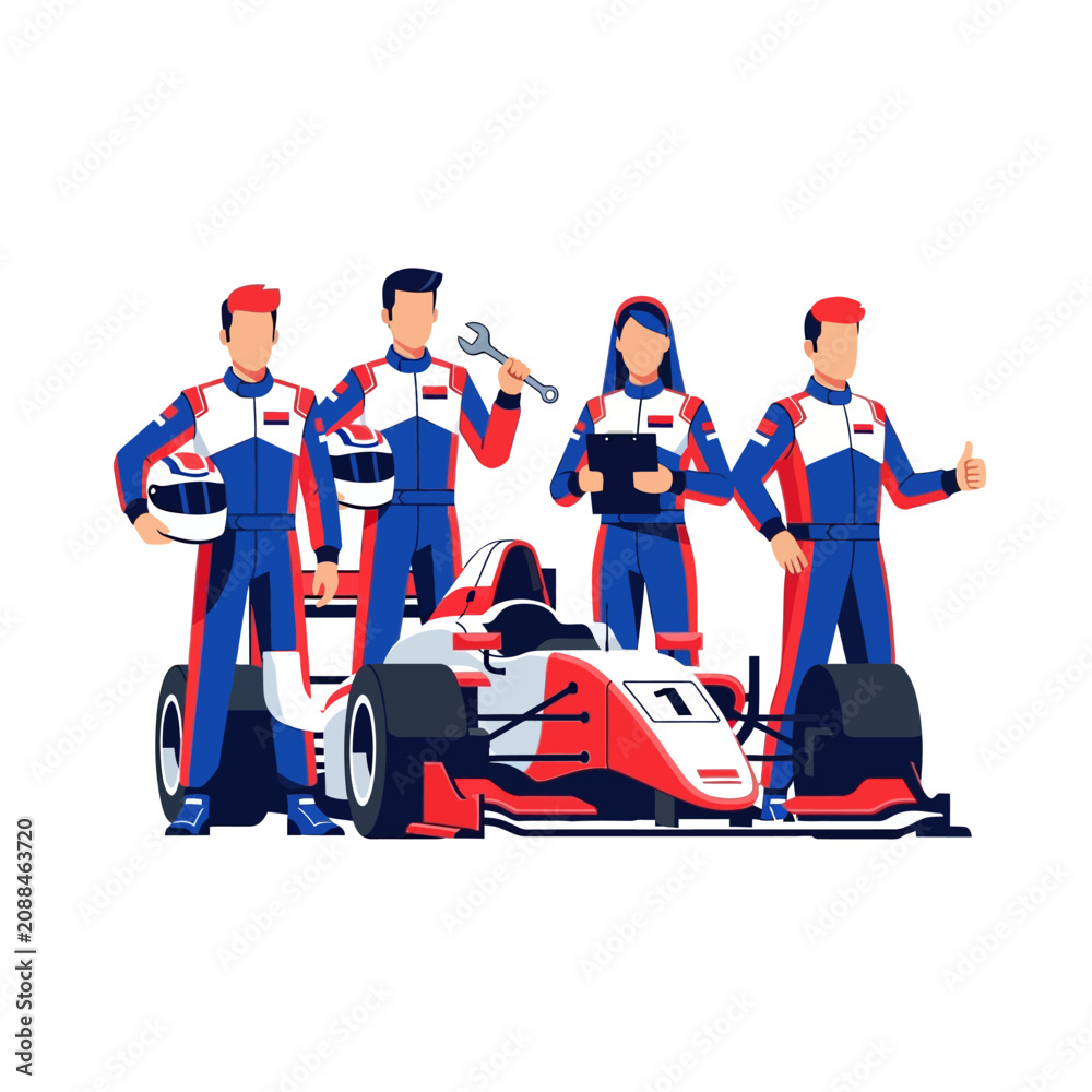 Obraz premium Formula 1 Racing Team with Car Illustration - Victory Concept
