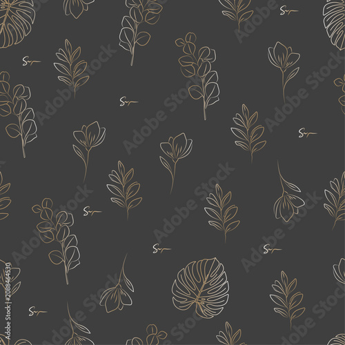 Minimalist Botanical Line Art Seamless Pattern, Dark Charcoal and Gold Floral Background, Elegant Wildflowers and Leaves Vector for Modern Bedding, Stationary, Packaging