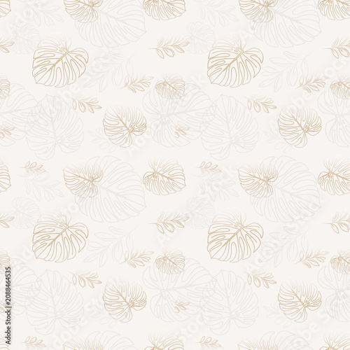 Elegant Monstera Leaf Seamless Pattern, Minimalist Botanical Line Art Background, Luxury Gold and White Tropical Floral Vector for Fabric, Wrapping Paper, Branding