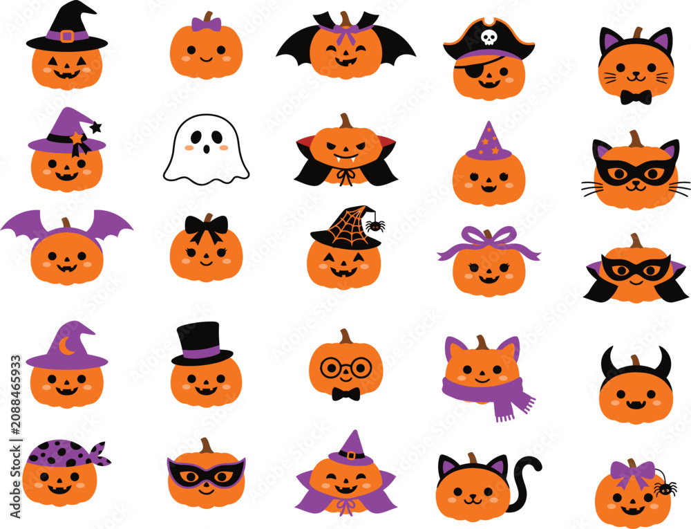 Obraz premium Cute Pumpkin Character Icon Set, Happy Halloween Autumn Festive Vector Symbols