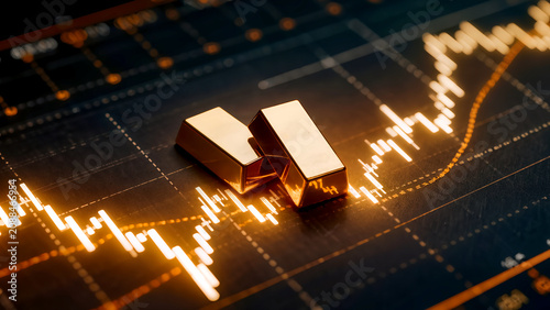 Two gold bars resting on a glowing golden digital market chart, representing investment success, financial wealth, and prosperous commodity trading trends.