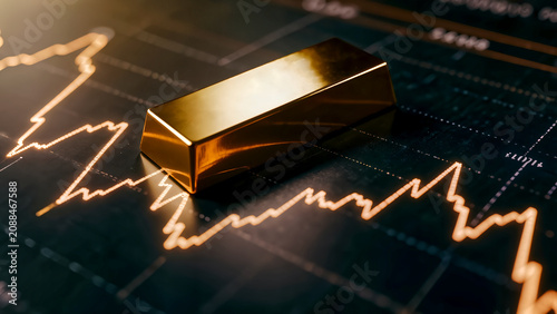 A polished gold bullion bar placed diagonally on a dark digital display showing glowing orange stock market charts, symbolizing financial investment and analysis.