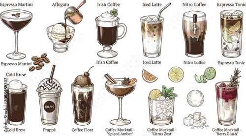 Konstfotografi Specialty Coffee Cocktails and Iced Drinks Icon Set with Espresso Martini Irish