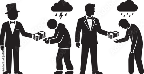 Wealthy businessmen giving money to poor people silhouette icons with businessman silhouette donation business inequality hardship