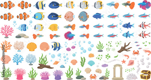 Foto Tropical Aquarium Fish and Coral Reef Element Set with Clownfish Seaweed Sea She