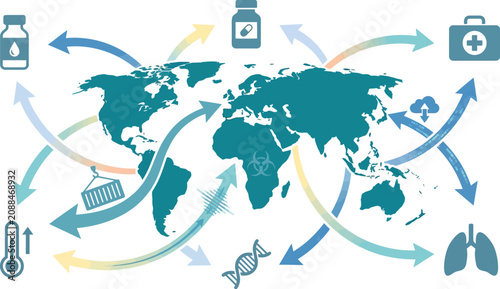 World map depicts the complex international movement of vaccines and medical resources using directional arrows and scientific iconography.
