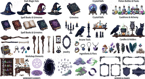 Принти на полотні Witchcraft and Wizardry Magic Element Set Featuring Spell Books Potions Crystal